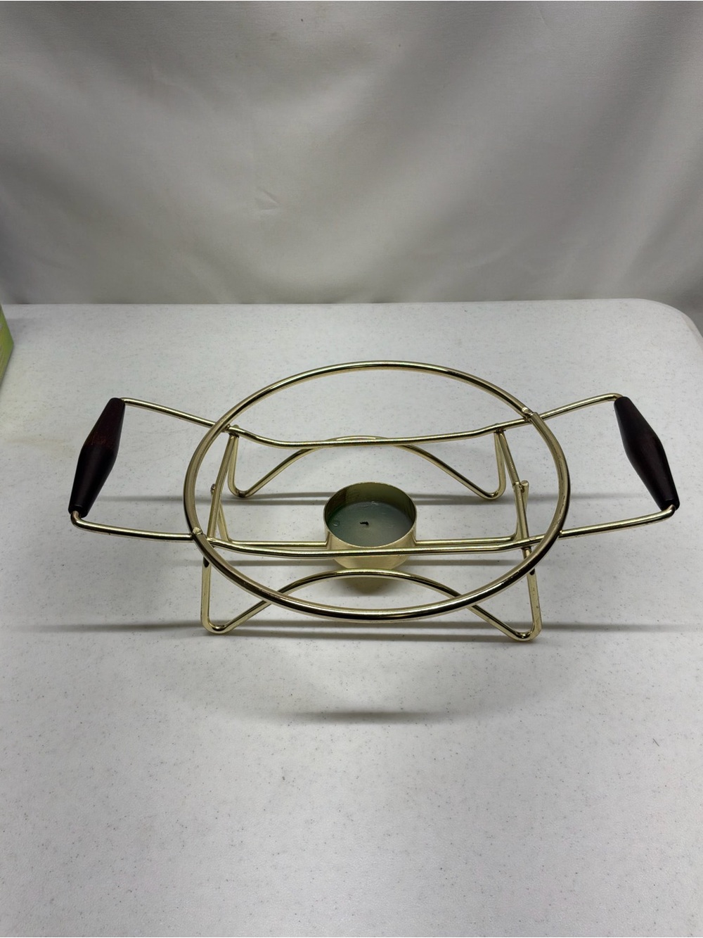 Vintage MCM Gold Tone and Wood Round Dish Holder/Warmer 8"